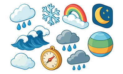Obraz premium Weather icons set with clouds, rain, and sun in bright cartoon style