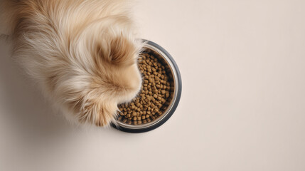 Top view of pomeranian eating pet food