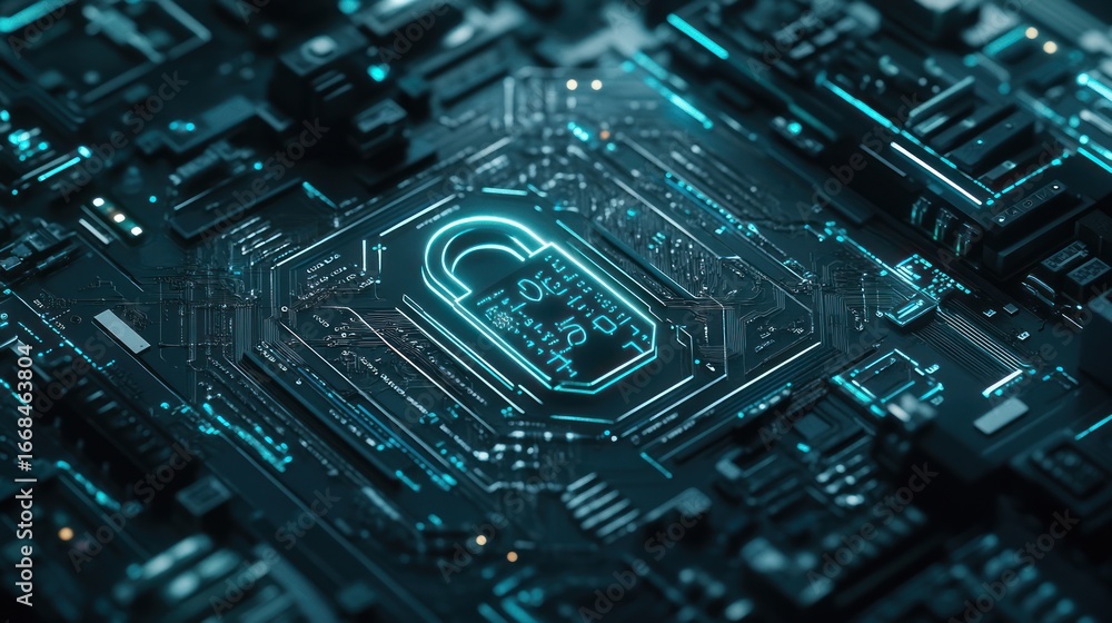 Poster digital fortress: a luminous lock symbol illuminates on a complex microchip circuit, representing di