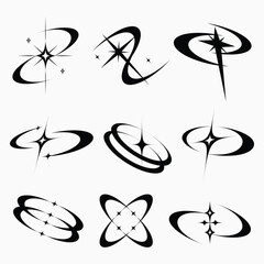 Y2K Cosmic Orbit Elements with Sparkle Stars Futuristic Abstract Vector Set