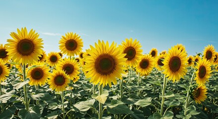 Obraz premium Vibrant Sunflower Field Under a Clear Blue Sky: A Stunning Display of Nature's Golden Hues