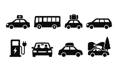 Silhouette icons of transportation: electric, taxi, bus, travel, and road trip concepts