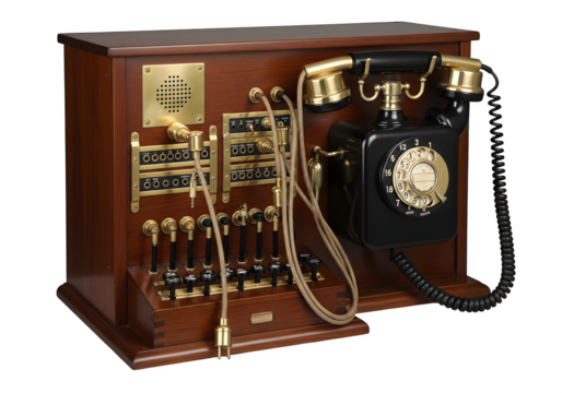 Antique rotary dial telephone with switchboard isolated on transparent background is a vintage communication device from a bygone era