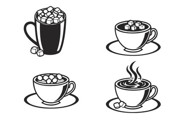 Four stylized cups of hot beverages with marshmallows and sugar cubes.