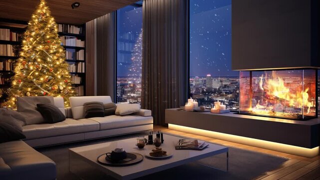 Winter interior of modern living room with fireplace, Christmas theme with tree