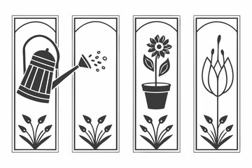 Gardening Icons Watering Can Seedlings Flower and Bud.