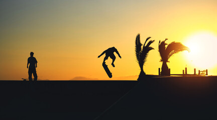 Backlight Silhouette of skater on skateboard jumping sunset sky at skate park, Skateboarding on street during sunset time.