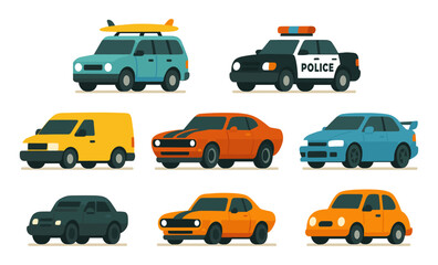 Fototapeta premium Colorful set of various cars in minimalist flat design