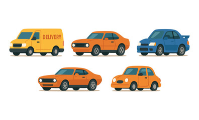 Colorful flat style vehicles set featuring cars, police, ambulance, and delivery van