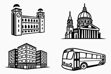 Iconic City Landmarks and Transportation Icons.