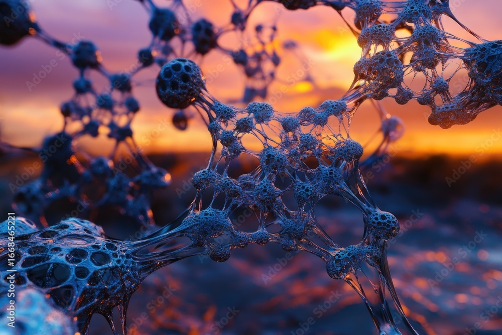 Poster intricate network of interconnected nodes, resembling a complex molecule or neural network, set agai