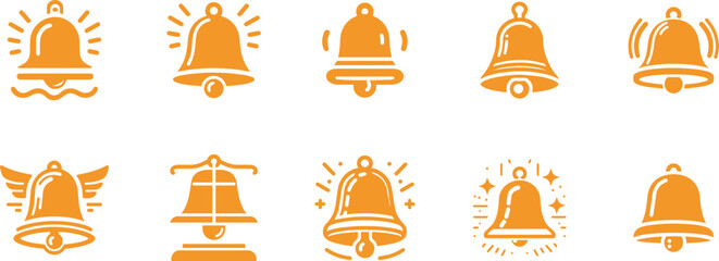 Alerting notifications with diverse golden bells for reminders and updates on white