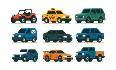 Diverse collection of flat style vehicles featuring cars, suvs, taxi, and off-road designs
