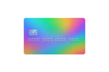 Rainbow colored credit card with microchip on transparent background