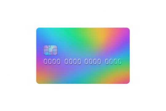 Rainbow colored credit card with microchip on transparent background