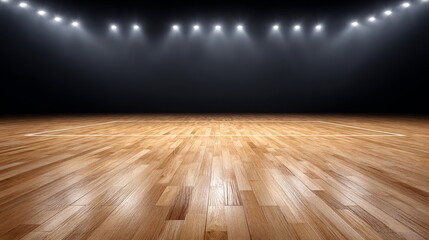 Dynamic college basketball sport scene in empty stadium capturing backboard and floor under lights