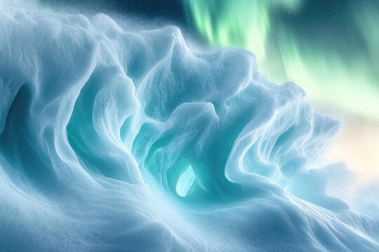 Arctic ice cave glows with ethereal blue light under the vibrant aurora borealis. - Powered by Adobe