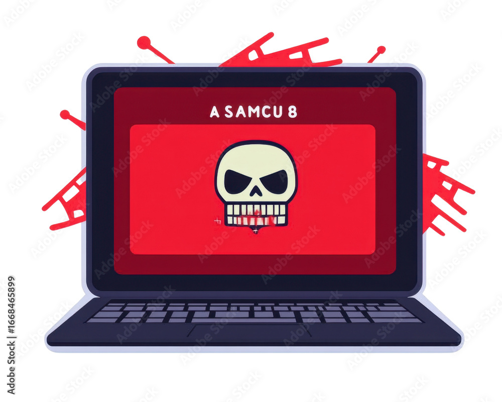 Fototapete computer laptop with skull icon and hacked message on screen. creative security concept of hacking o