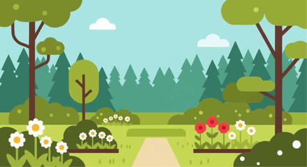 Naklejka premium A picturesque park landscape with a path leading into a lush green forest, dotted with blooming flowers.