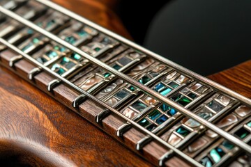 Close-up of an intricately inlaid bass guitar fretboard, showcasing stunning craftsmanship and luxurious materials.