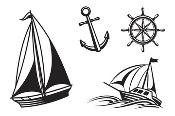 Nautical Symbols Sailboat Anchor and Ships Wheel.