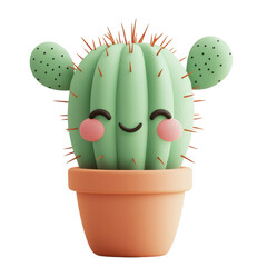 Cute 3D smiling cactus illustration in terracotta pot- feature cheerful cartoon style with happy facial expression and soft colors. Perfect for playful decor. Isolated on transparent background- png.