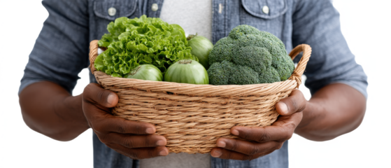 A person holds a woven basket filled with fresh green vegetables, including lettuce, broccoli, and green tomatoes.