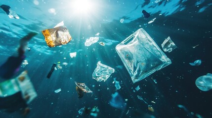 Plastic waste pollution in the ocean, ecological environment problem scene