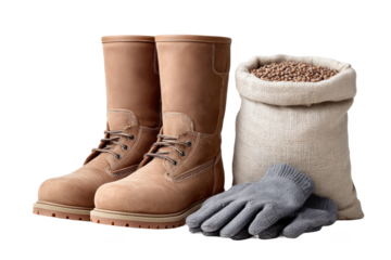 A pair of brown work boots alongside a burlap sack filled with pellets and a pair of gray gloves.
