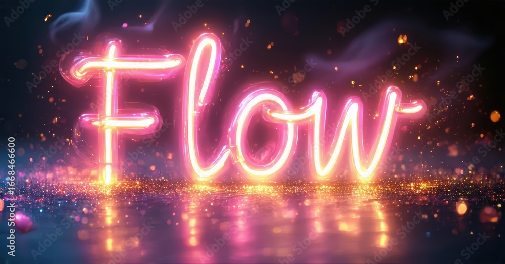 Poster bright neon sign displays flow. sparkling lights create dynamic, vibrant visual effect. dark backgro