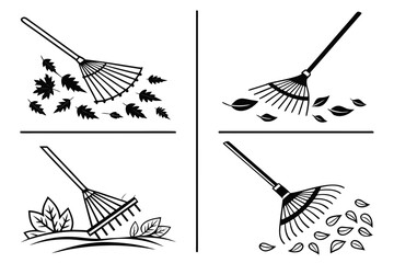 Fototapeta premium Rake Gathering Autumn Leaves Icon Set.