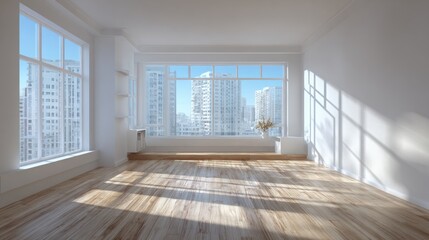 Obraz premium Spacious Apartment Interior with City Skyline View