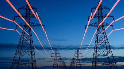 Electric towers with glowing orange power lines against twilight sky electricity transmission towers