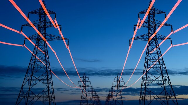 Electric towers with glowing orange power lines against twilight sky electricity transmission towers