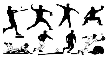 Fototapeta premium Dynamic silhouettes showcase versatile baseball players in action on the field.