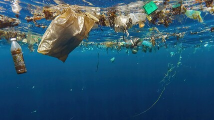 Plastic waste pollution in the ocean, ecological environment problem scene