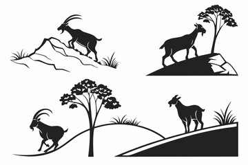 Silhouette Ibex Goats on Rocky Terrain and Hills.