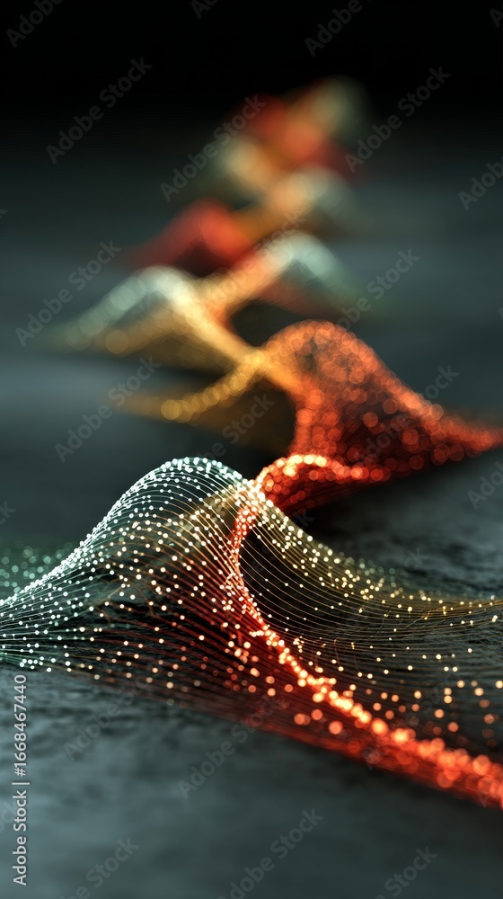 Poster abstract wave-like pulses accelerating across dark background, flowing energy curves with final radi