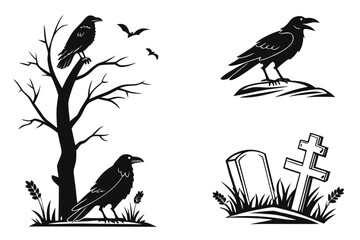 Silhouette of Ravens Bats and Gravestones.