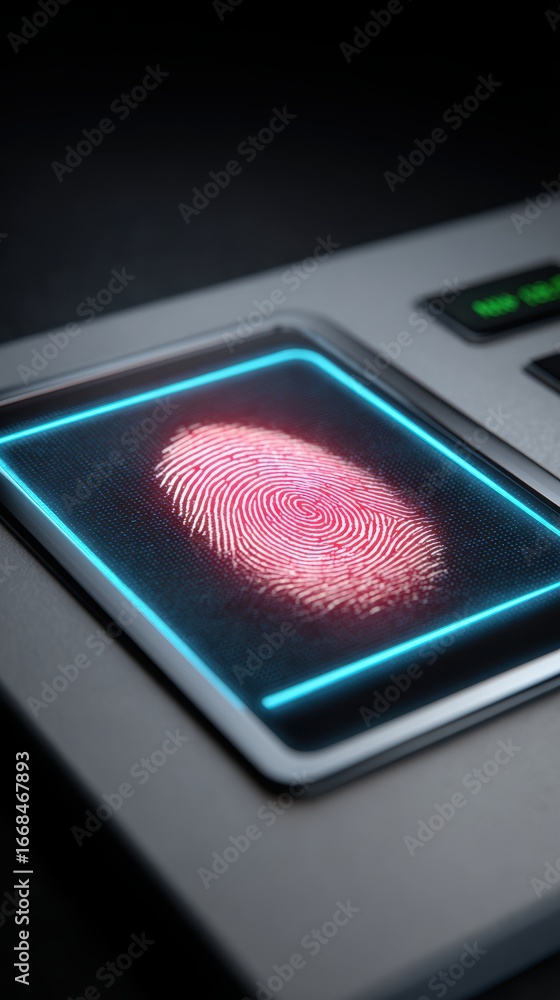 Poster cybersecurity awareness concept with modern fingerprint scanner device, representing secure access, 