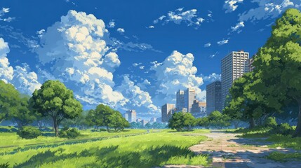 Sunny park cityscape vista