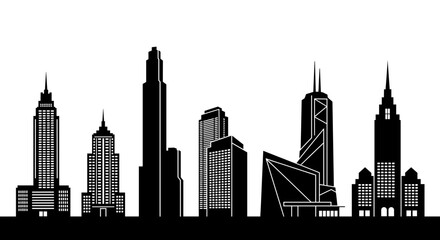 Naklejka premium Bold City Skyline Silhouette: Iconic Buildings in Black and White
