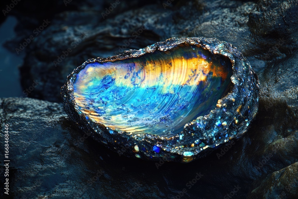 Poster a vibrant iridescent abalone shell rests on dark rocks, showcasing its mesmerizing colors and textur