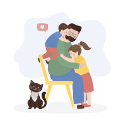 Dad and children. Happy father hugging with kids. Parent plays with kids. Happy family, relationship. Weekend time. Upbringing and care of children.