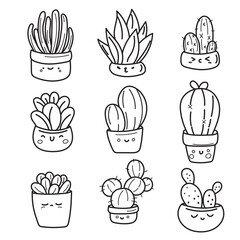 Cute Hand Drawn Kawaii Cactus and Succulent Vector Set