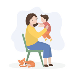 Happy mother joyfully holding to her little son. Beauty mom and boy. Happy family portrait. Young adult and little kid. Relationship, motherhood.