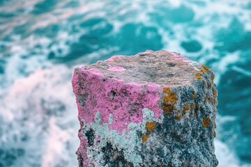 Pink and grey rock near ocean, weathered and textured surface, blurry ocean background.
