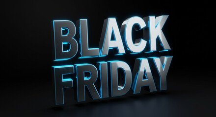 Obraz premium Black friday text in chrome with blue neon outline on a black background close up shot render