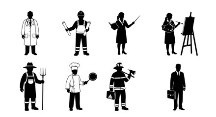Silhouette icons representing different occupations like doctor, teacher and firefighter