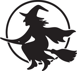 Silhouette of a witch flying on a broomstick in a circle isolated on transparent background